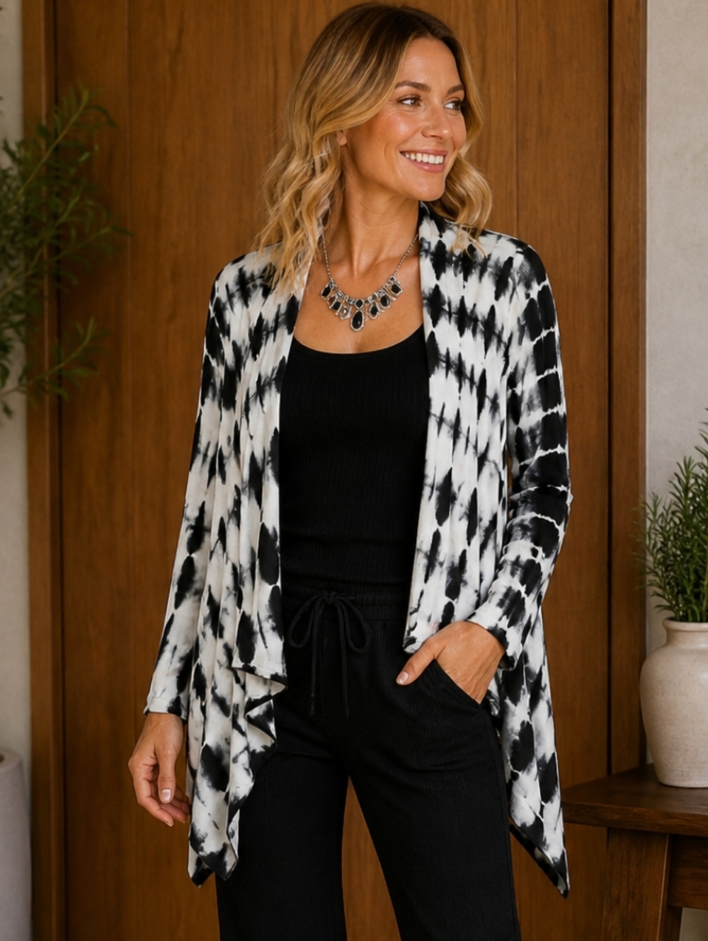 Tie-Dye Open Front Cardigan - Black & White